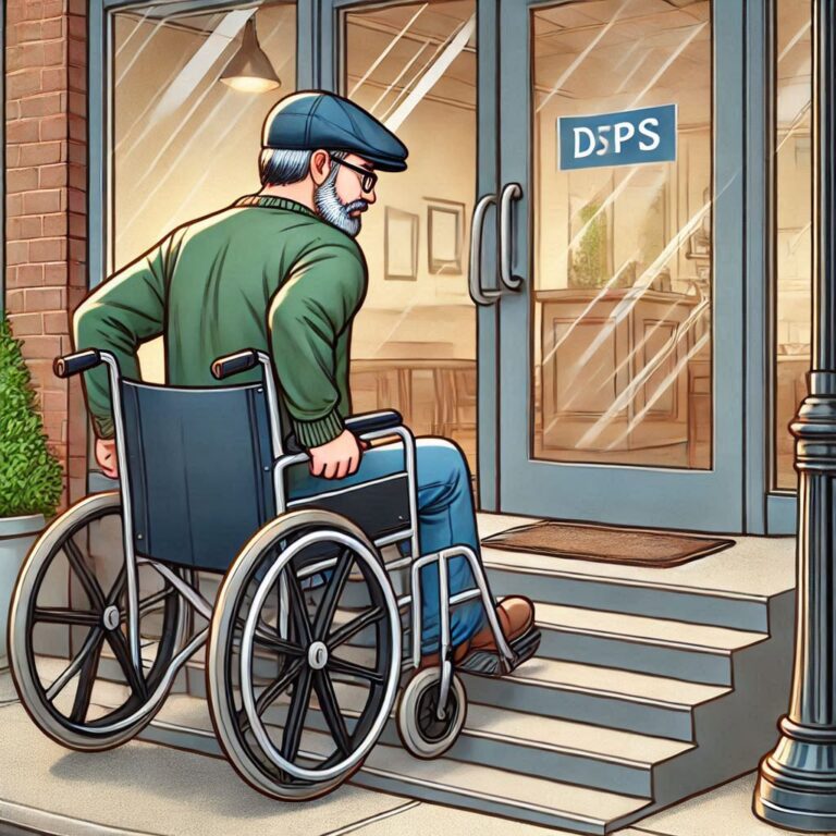 um cadeirante tendo dificuldade para entrar num estabelecimento com degraus