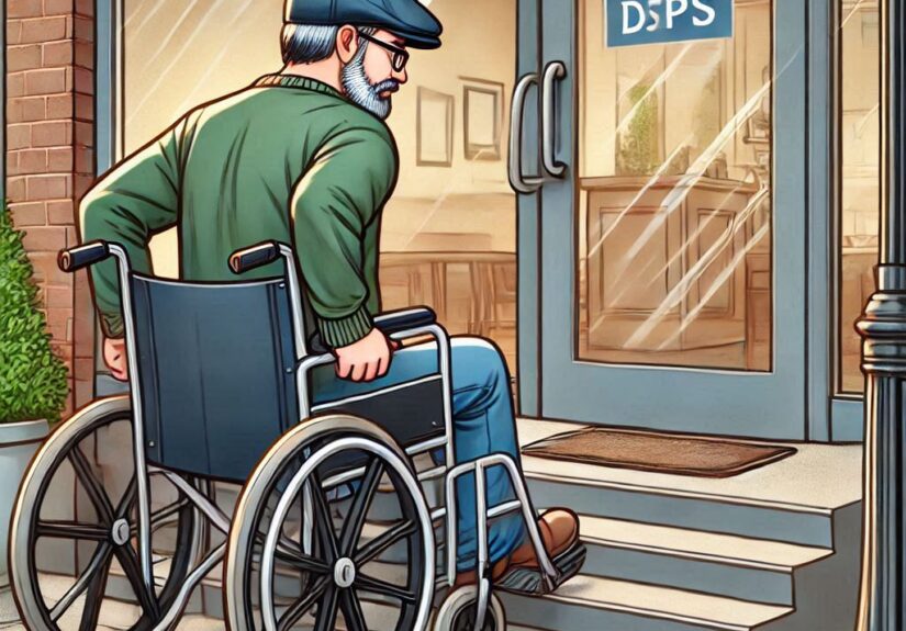 um cadeirante tendo dificuldade para entrar num estabelecimento com degraus